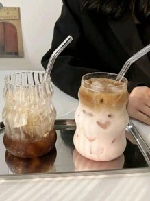 1 pieza Taza de café de vidrio con pajita, adecuada para uso doméstico, mujeres, bebidas y té con leche, suministros para estudiantes - vidrio transparente - Ver 2