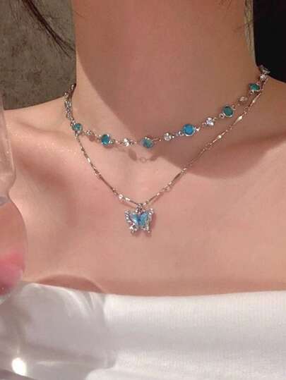 2pcs/Set Blue Crystal Butterfly Necklace, Women/Girls Double Layer Choker Necklace Jewelry Gift
