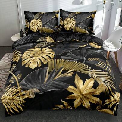 2/3 peças Conjunto de Capa de Edredom com Estampa de Plantas 3D Listrada, Floral Padrão (Tamanho 135x200 Apenas 1 Fronha)