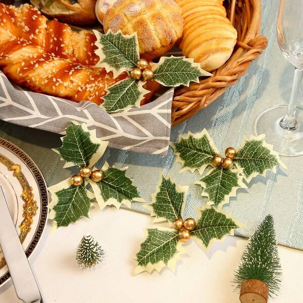 6/12 Pcs Artificial Red Berry Stems And 50 Pack Green Leaves, Christmas Holly Berry Branches For Party Holiday Home Decoration And DIY Garland And Wreath Ornaments