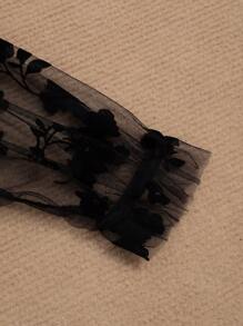 Kilottor Tween Girl Floral Flocked & Mesh Patchwork Party Dress - Black - View 4