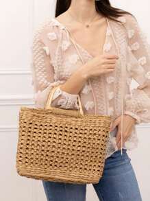 Modische Sommer Urlaubs Stroh geflochten Holzgriff Tote Korb