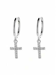 Men's Cross Hoop Earrings Silver With 5A Zirconia Stud Hip Pop Male Female - Bạc - Xem 5
