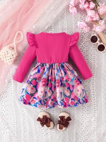 Vestido de malla con manga larga, volantes y lazo con estampado de rosa para niña bebé, estilo colegial elegante - Rosa Fucsia - Ver 3