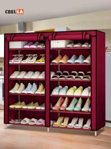 CasaBella Six-Layer High-Capacity Double Metal Frame Shoe Rack With Cover, Dust Cover And Plastic Connectors, Which Can Store 36 Pairs Of Shoes - Burgundy - View 1