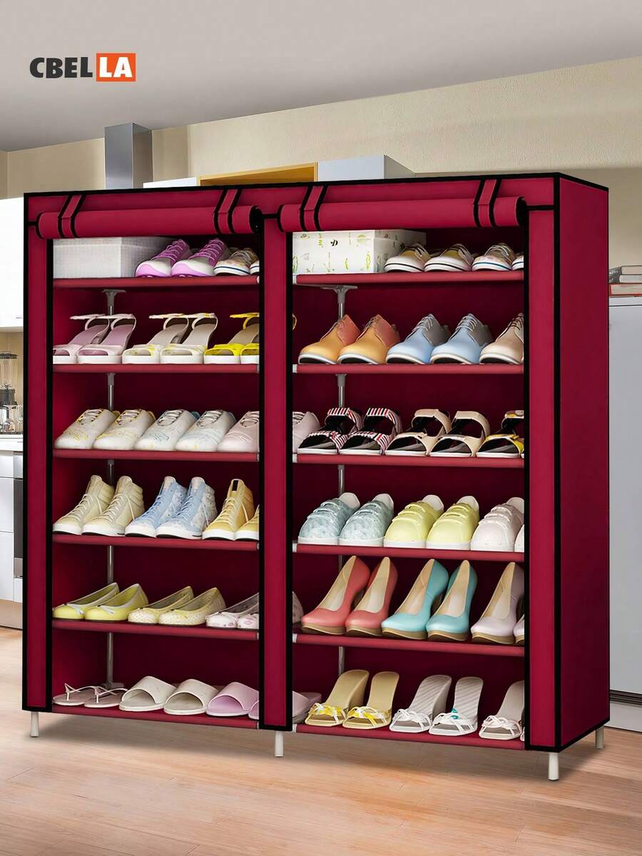 CasaBella Six-Layer High-Capacity Double Metal Frame Shoe Rack With Cover, Dust Cover And Plastic Connectors, Which Can Store 36 Pairs Of Shoes - Burgundy - View 1