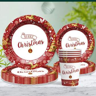 60pcs/Set Merry Christmas Themed Disposable Party Tableware Set, Includes Plates, Cups, Party Supplies For Christmas