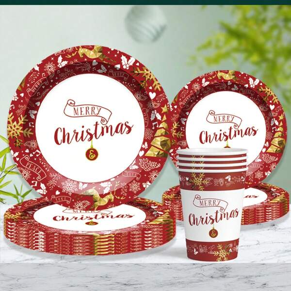 60pcs/Set Merry Christmas Themed Disposable Party Tableware Set, Includes Plates, Cups, Party Supplies For Christmas