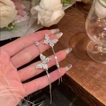 1對優雅銅合金蝴蝶流蘇耳環，時尚高級奢華閃亮女款吊墜耳環，珠寶飾品配件 - 銀色 - 查看 3