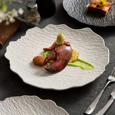 Black & White Ceramic Plates, Flat Dishes, High-End Dinnerware, Japanese Style Salad/Steak Plates Christmas Gift