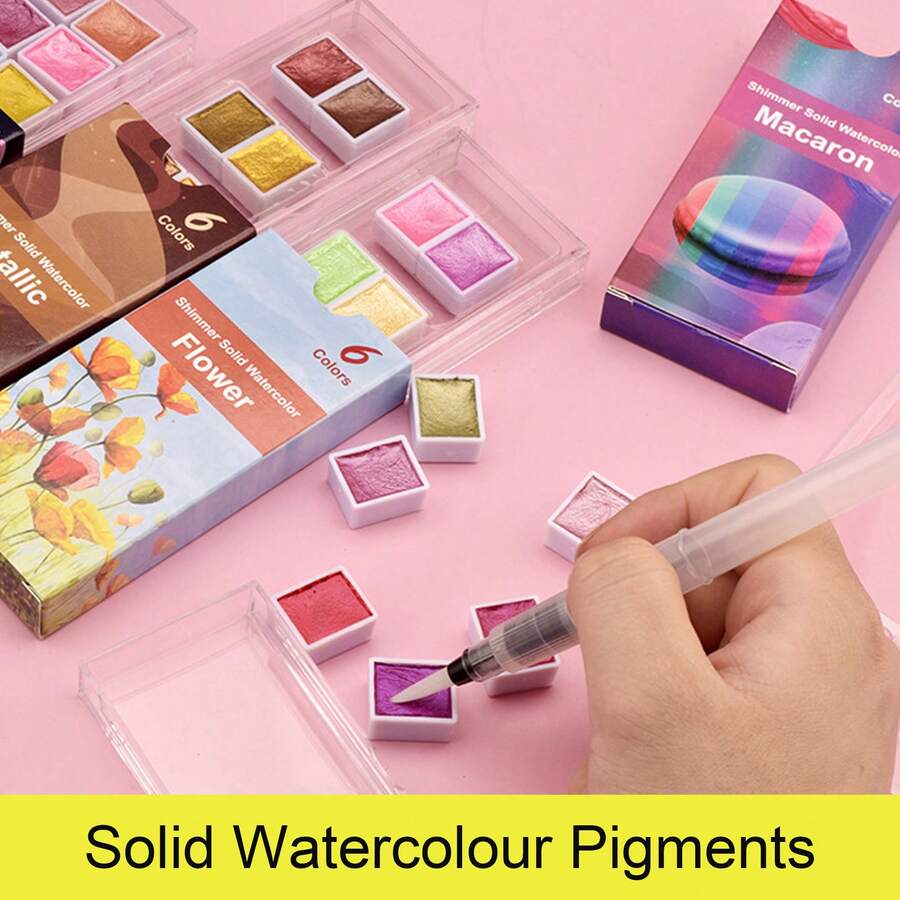 1 件 6/12 色固体水彩颜料，珍珠金属色、马卡龙色、复古色和糖果色，绘画和美甲使用，湿润时色彩鲜艳，创作您自己的绘画和美甲杰作 - 彩色 - 查看 1