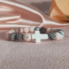 1pc 8mm Natural Stone Cross Healing Bracelet, Gift With Prayer Card For Christians - Pink - View 3