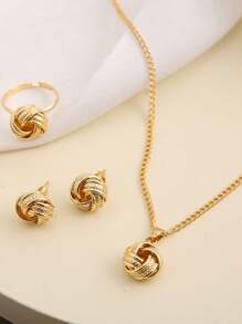 4pcs/set Twist Design Jewelry Set Simple Geometric Metal Necklace Stud Earrings Ring Set