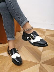 女式圆头侧扣厚底牛津鞋，黑白款，适合春秋季节，平底鞋，乐福鞋 - 黑與白 - 查看 3