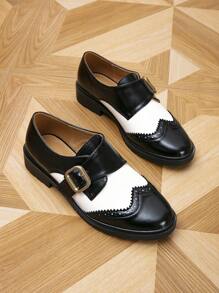 女式圆头侧扣厚底牛津鞋，黑白款，适合春秋季节，平底鞋，乐福鞋 - 黑與白 - 查看 6