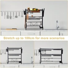 Égouttoir sur l'évier, télescopique, étagère à vaisselle deux niveaux grande capacité, support d'organisation pour évier, étagère de rangement pour plans de travail de cuisine pour assiettes, bols, casseroles, noir