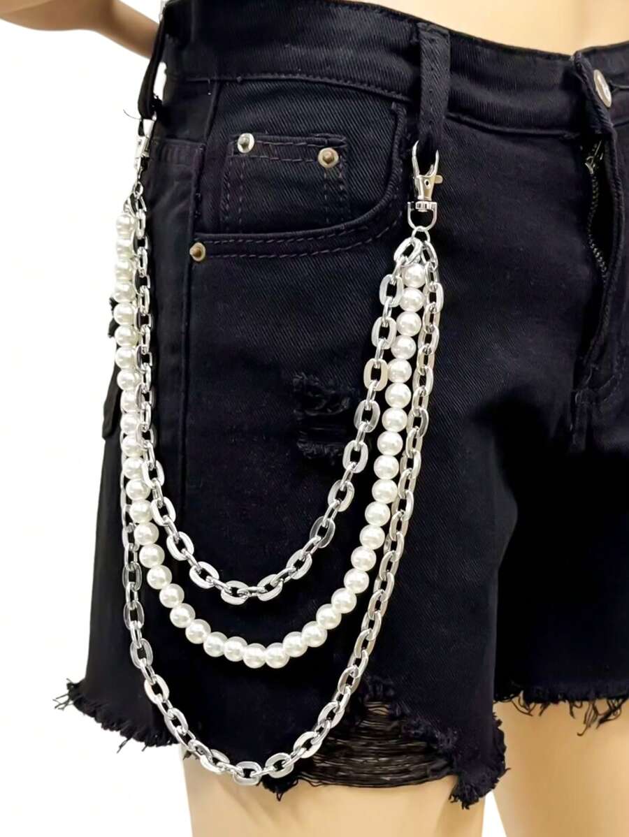 1 chiếc quần dây xích bạc Punk dành cho nữ phong cách Hip Hop đường phố nhiều lớp dây xích kim loại thời trang cổ điển ngọc trai giả với quần jean phụ kiện rave unisex Halloween