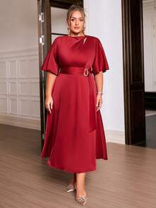 Sollinarry Elegantes Midi-Kleid in Große Größen für Frauen, einfarbig, mit Schulter-Ausschnitt im französischen Stil, passend als Hochzeitsgast-Outfit, Sommer