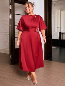 Sollinarry Elegantes Midi-Kleid in Große Größen für Frauen, einfarbig, mit Schulter-Ausschnitt im französischen Stil, passend als Hochzeitsgast-Outfit, Sommer