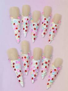 10 peças de unhas postiças artesanais, unhas brancas com strass, adesivos, pingentes para unhas, cola para unhas, lixa de unha, esmalte em gel, francesinha, listras, unhas postiças estilo gota d'água com cobertura total, adequadas para festas/festivais de música e uso diário S47 Nail Supplies Unhas