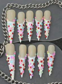 10 peças de unhas postiças artesanais, unhas brancas com strass, adesivos, pingentes para unhas, cola para unhas, lixa de unha, esmalte em gel, francesinha, listras, unhas postiças estilo gota d'água com cobertura total, adequadas para festas/festivais de música e uso diário S47 Nail Supplies Unhas