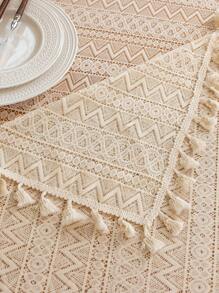 1 pieza Mantel de estilo francés vintage romántico de encaje blanco con borlas, adecuado para picnic, fiesta festiva, boda, evento, decoración de habitación