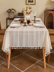 1 pieza Mantel de estilo francés vintage romántico de encaje blanco con borlas, adecuado para picnic, fiesta festiva, boda, evento, decoración de habitación