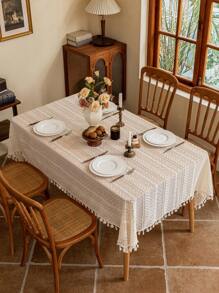 1 pieza Mantel de estilo francés vintage romántico de encaje blanco con borlas, adecuado para picnic, fiesta festiva, boda, evento, decoración de habitación