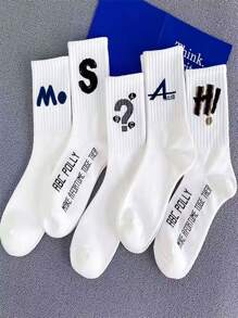 5 Pairs Of Random Letters Men's Mid-Tube Socks Simple Fashion Men's Socks White Socks, Fall - Multicolor - View 2