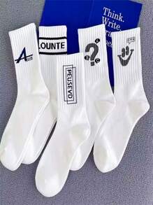 5 Pairs Of Random Letters Men's Mid-Tube Socks Simple Fashion Men's Socks White Socks, Fall - Multicolor - View 4