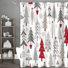 1 pieza Cortina de ducha con estampado de árbol de pino sobre fondo blanco simple, de tela de poliéster impermeable, para duchas, con 12 ganchos, accesorios de decoración de baño para ambiente navideño y de Año Nuevo, decoración de otoño para el baño, accesorios escolares - Multicolor - Ver 2