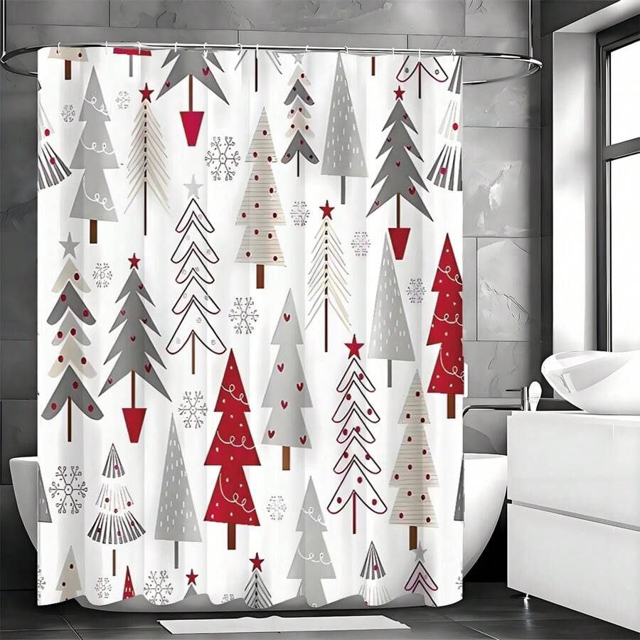 1 pieza Cortina de ducha con estampado de árbol de pino sobre fondo blanco simple, de tela de poliéster impermeable, para duchas, con 12 ganchos, accesorios de decoración de baño para ambiente navideño y de Año Nuevo, decoración de otoño para el baño, accesorios escolares - Multicolor - Ver 1