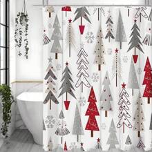 1 pieza Cortina de ducha con estampado de árbol de pino sobre fondo blanco simple, de tela de poliéster impermeable, para duchas, con 12 ganchos, accesorios de decoración de baño para ambiente navideño y de Año Nuevo, decoración de otoño para el baño, accesorios escolares - Multicolor - Ver 3