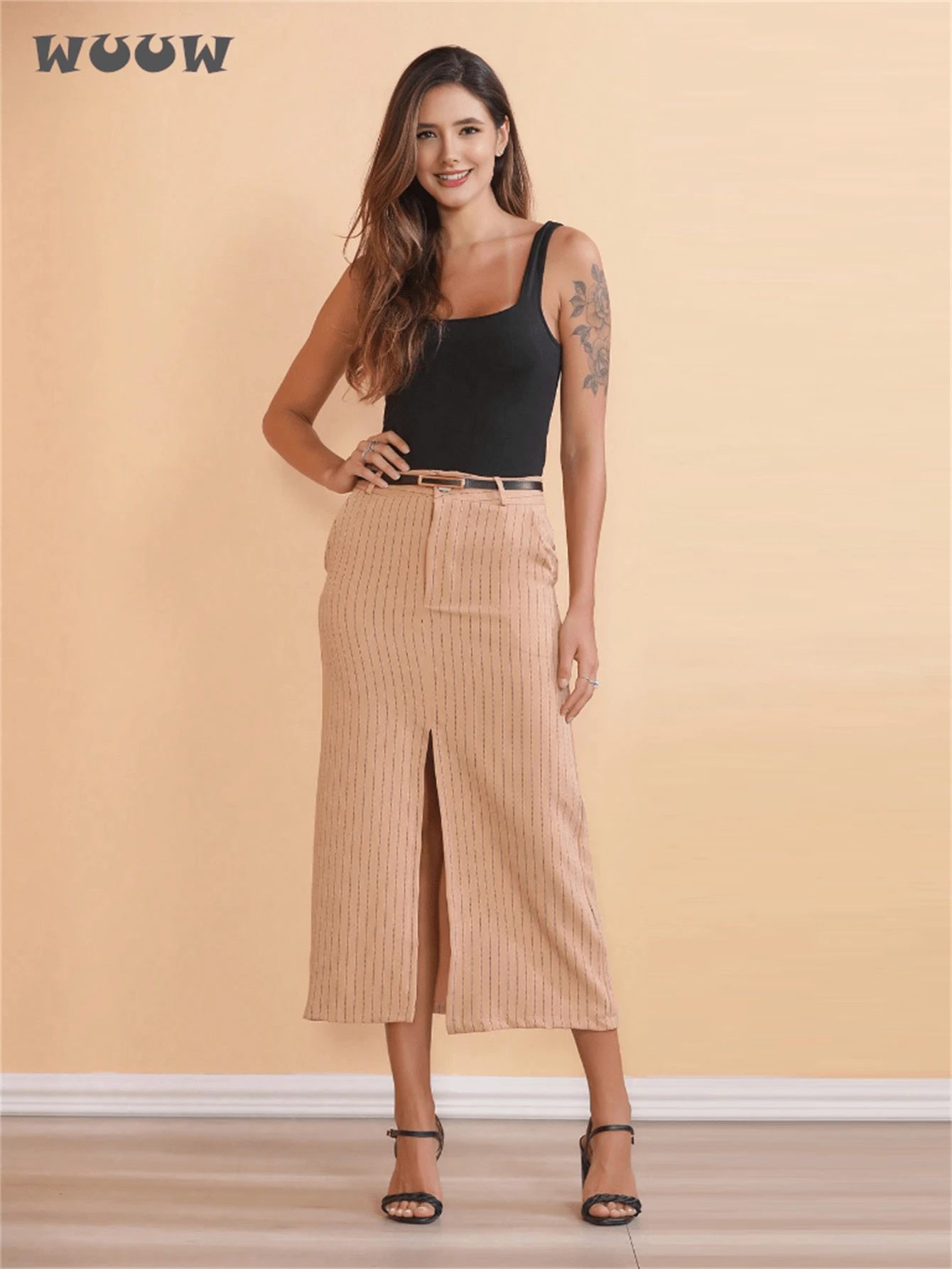 WUUW Women's High Waist Striped Midi Skirt - 卡其色 - 查看 1