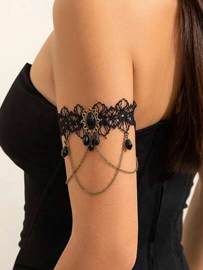 1 pieza Brazalete vintage de encaje de moda Lolita negro, joyería gótica con lágrima y borla para Halloween