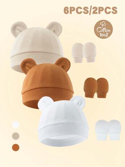 Bộ 6/2 mũ và găng tay cho bé, Mũ và găng tay cotton nguyên chất màu trơn ấm áp chống rơi chống trầy xước tai dễ thương cho trẻ sơ sinh, thích hợp cho bé trai và bé gái sử dụng hàng ngày