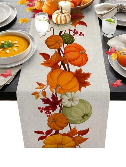 Autumn Maple Leaves Harvest Pumpkin Linen Table Runners Holiday Party Decor Reusable Farmhouse Kitchen Dining Table Runner Thanksgiving Decorations