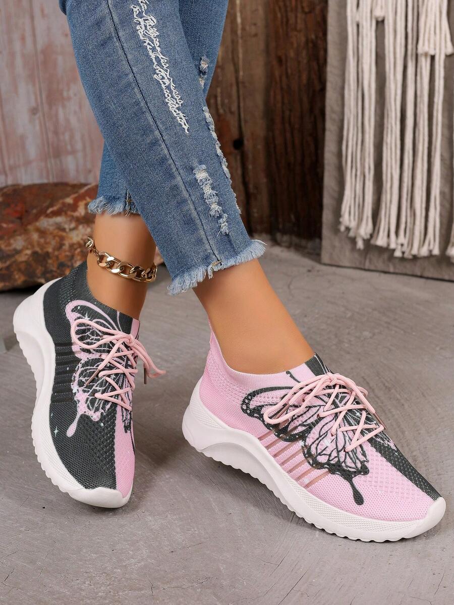 女士夏季新款弹力厚底休闲袜子运动鞋 - 粉色 - 查看 1