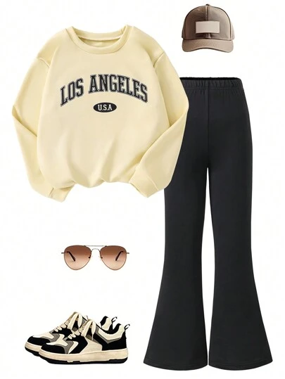 两件套优雅休闲字母印花女童套装，时尚百搭圆领长袖卫衣+长裤，适合春秋季节穿着，是送给女儿的绝佳户外礼物。