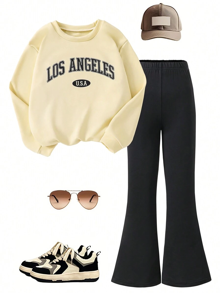 2pcs/Set Elegant Casual Letter Print Outfit For Girls, Fashionable Versatile Crew Neck Long Sleeve Sweatshirt + Pants Set, Suitable For Spring & Autumn, Great Outdoor Gift For Daughter - Apricot - View 1