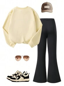 2pcs/Set Elegant Casual Letter Print Outfit For Girls, Fashionable Versatile Crew Neck Long Sleeve Sweatshirt + Pants Set, Suitable For Spring & Autumn, Great Outdoor Gift For Daughter - Apricot - View 2