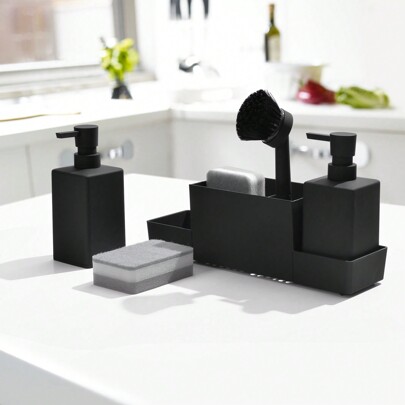 Kitchen Soap Dispenser With Sponge Holder And Brush Set, Multifunctional Use, Suitable For Kitchen Sink, Countertop