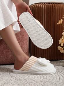 女士灯芯绒蝴蝶结拼接冬季保暖室内拖鞋 - 白色 - 查看 7