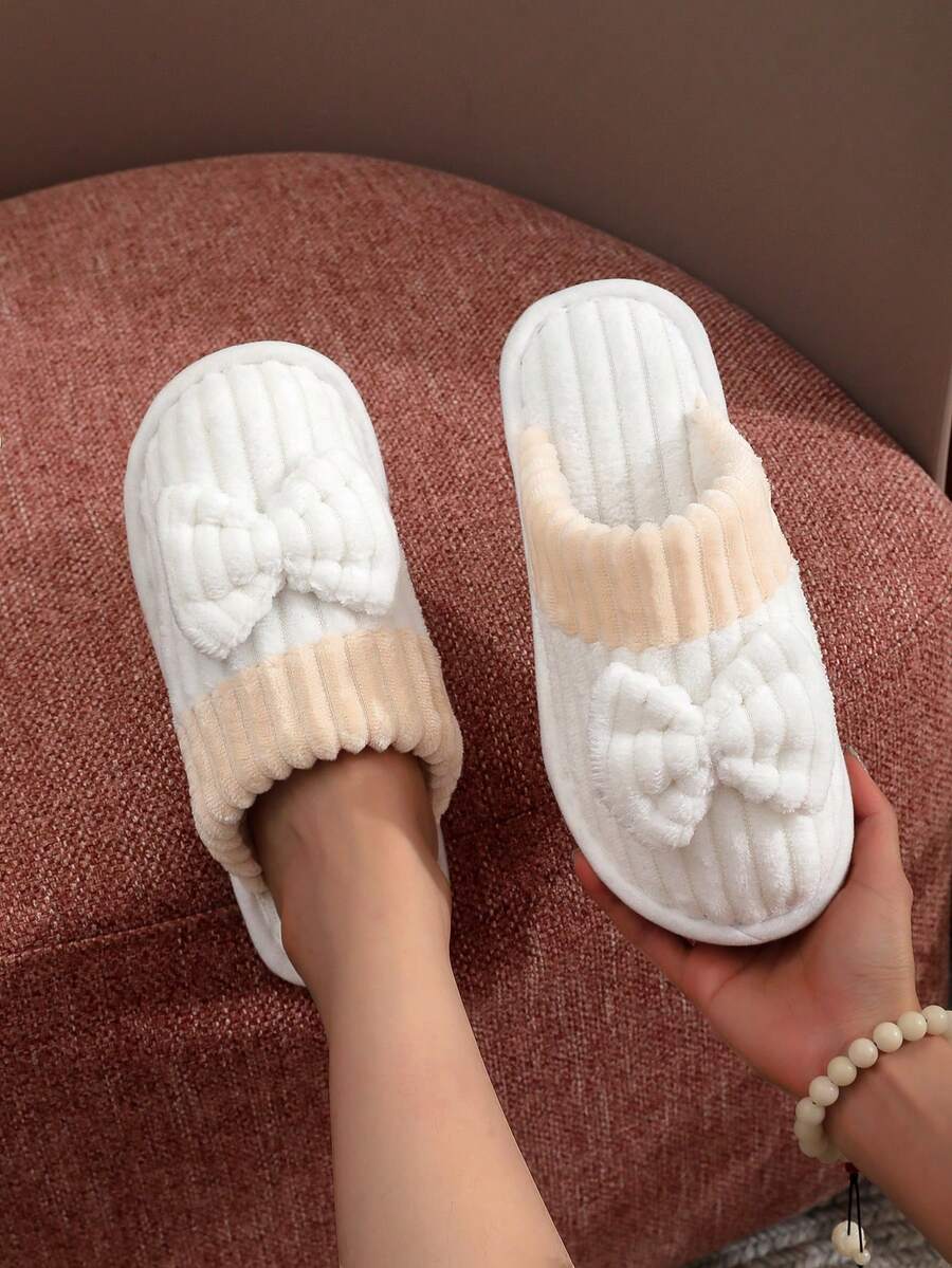 女士灯芯绒蝴蝶结拼接冬季保暖室内拖鞋 - 白色 - 查看 1