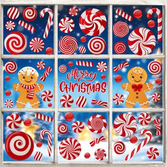 9 Sheets Christmas Window Clings Gingerbread Man Candy Window Decals Christmas Red Candy Stickers For Xmas Home Office Decor Winter Glass Window Decoration