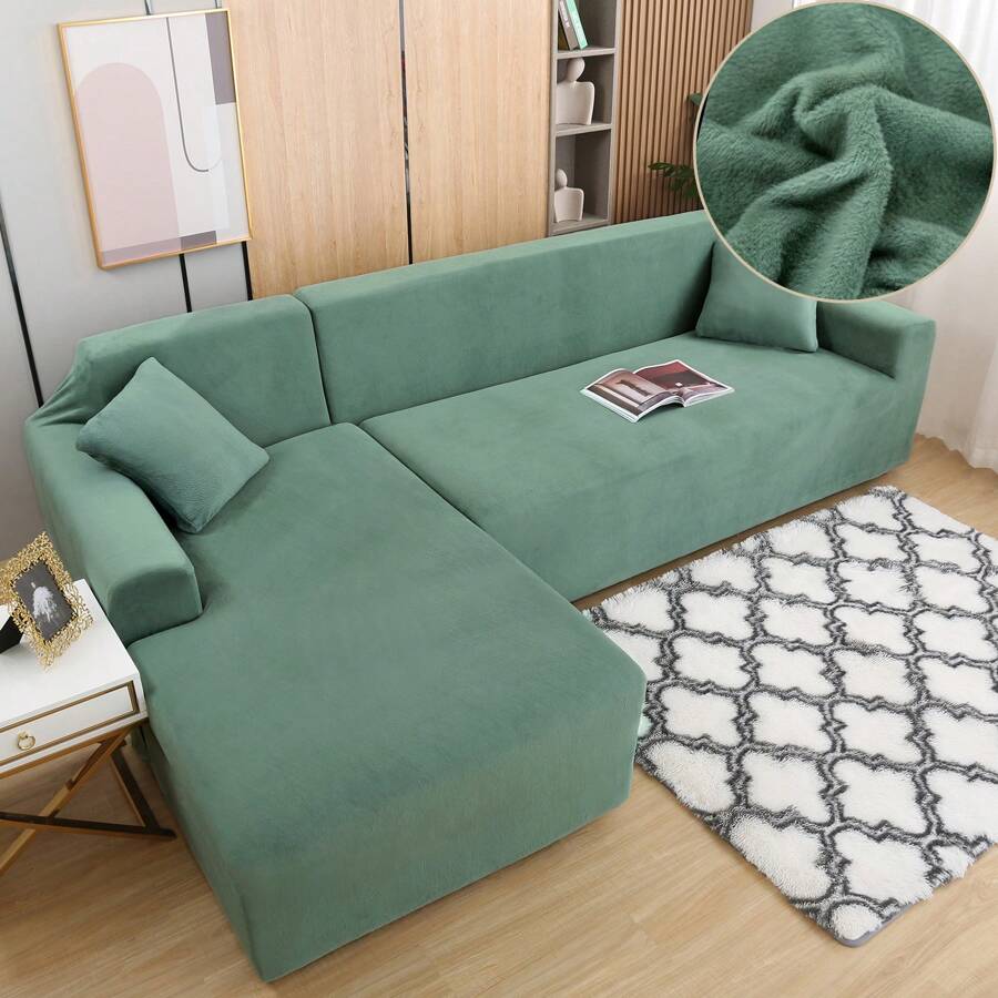 L Shape Sofa Cover 2 Piece Thick Velvet Stretch Plush Elastic Couch Slipcovers 3 + 3 Seaters Chaise Sectional Couch L-Shaped Sofa Furniture Protector For Living Room - 薄荷綠 - 查看 1