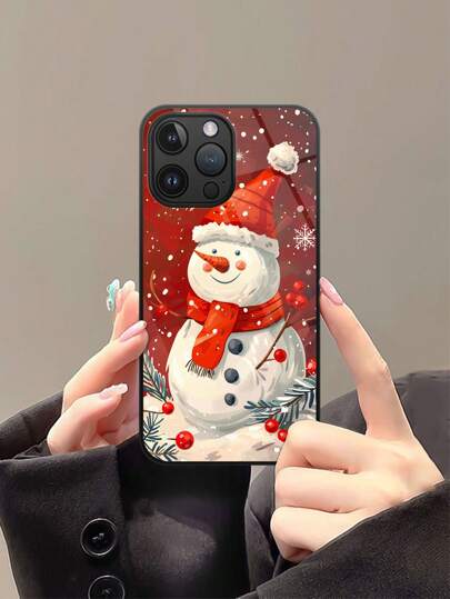 1pc Christmas Snowman HD Tempered Glass Phone Case Compatible With Apple IPhone 16 Pro Max / 16 Pro / 16 And S24 FE / S24 Ultra & Other Models
