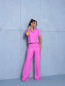 Women's Set Of Shirt And Straight Tailored Viscose Pants With Pockets, Collar, Buttons, Chic Premium Basic - 粉色 - 查看 5