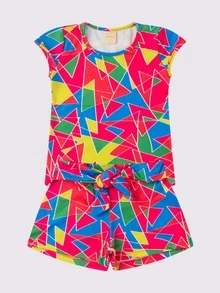 Girls Summer Set With Cup Sleeve Blouse And Geometric Tie Shorts - Hot Pink - View 2