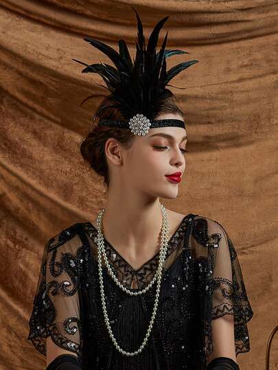 1 件 1920 年代头饰 女式头饰 水钻珍珠羽毛发带 了不起的盖茨比头饰配饰